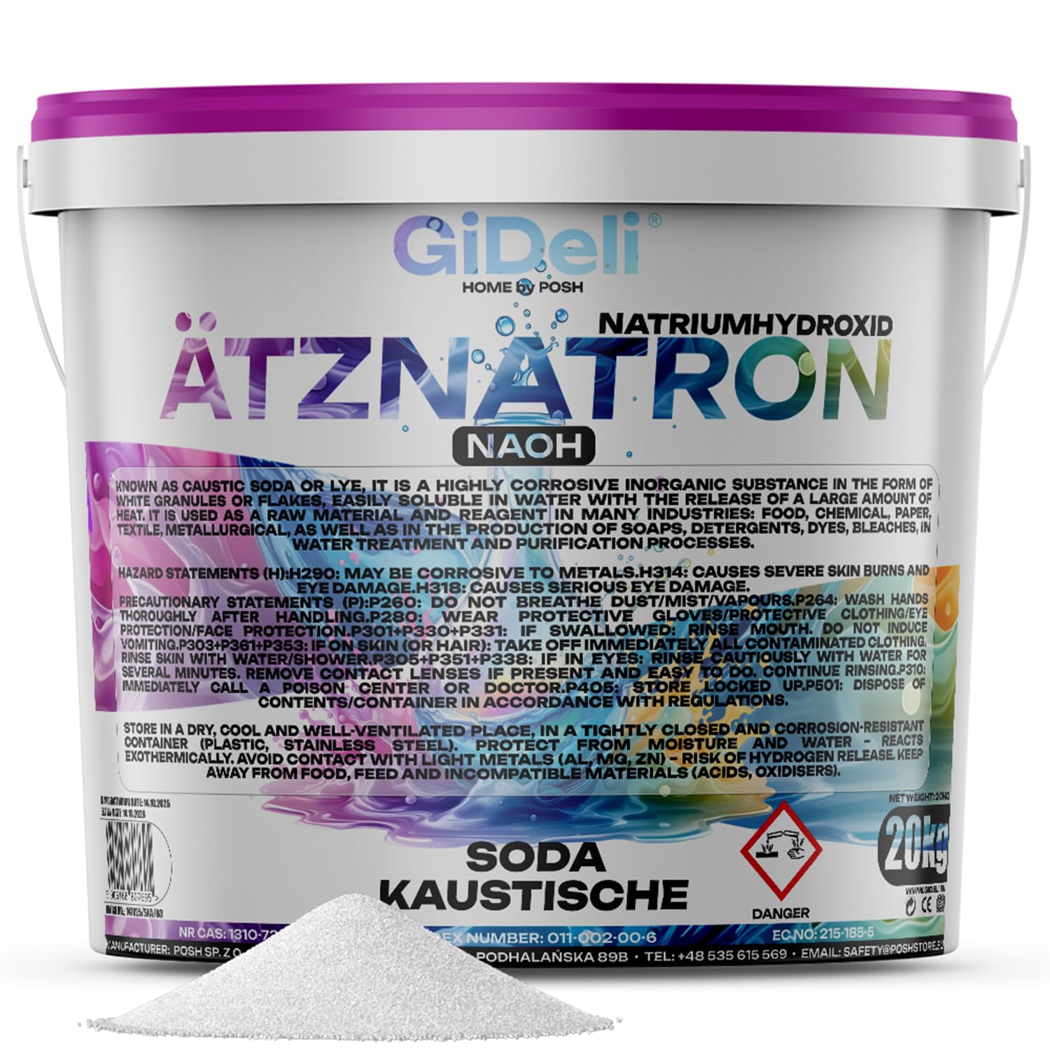 GiDeli Ätznatron 20kg im Eimer - Natriumhydroxid (NaOH) Flocken 99% für Seifenherstellung - Reinheit vielseitig einsetzbar einfache Dosierung - Feuchtigkeitsdicht Verpackt
