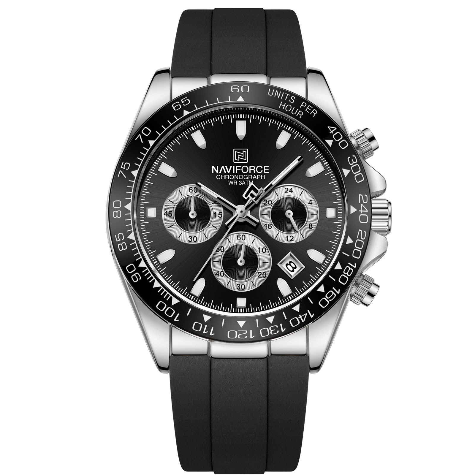 NAVIFORCE Watches for Men,Men's Business Chronograph Wrist Watch, Tachymeter Bezel, Silicone Strap, Date Display, Waterproof 3ATM,Gift - 1