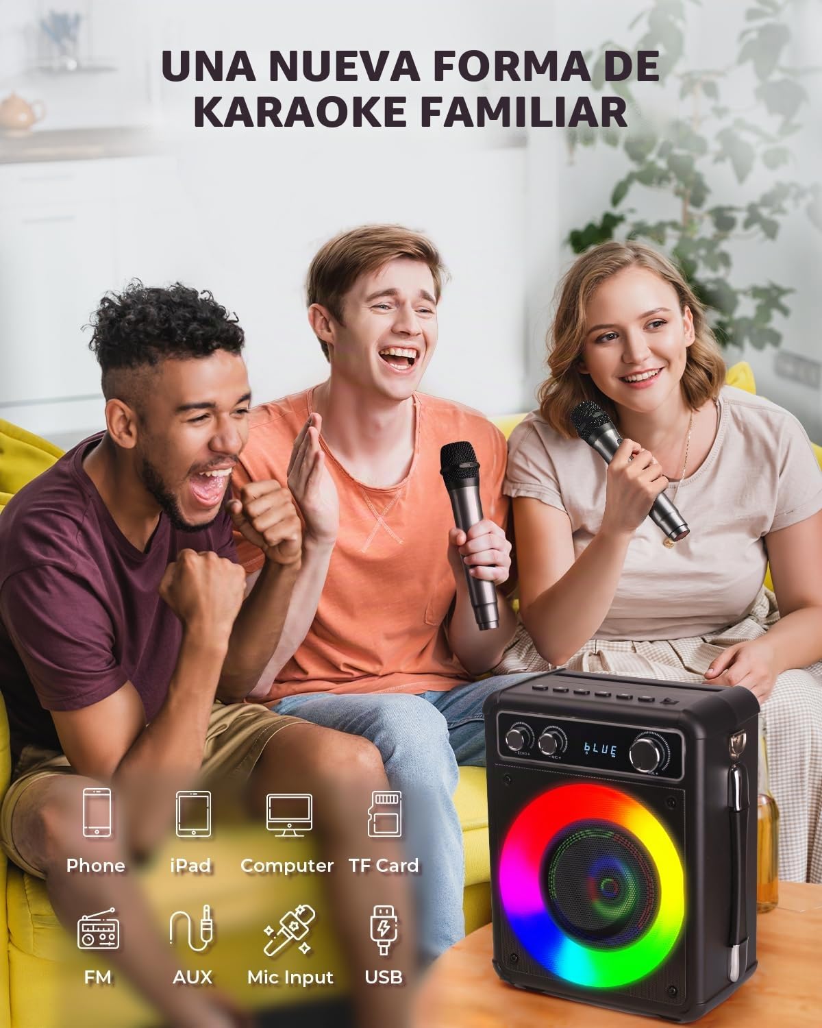 BONAOK Karaoke Profesional Inalámbricos con 2 Micrófonos, Máquina de Karaoke con luz Altavoces Bluetooth Sistema PA Soporte FM/USB/TF Card/Rec/AUX para la Fiesta al Aire Libre/Interior
