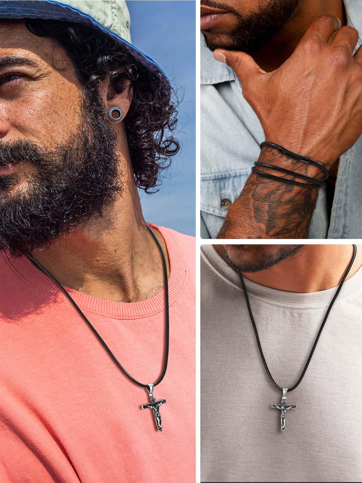 U7 Collana Uomo Caucciù Larg.2/3mm Lungh.41-76cm Marrone Nero | Stile collana uomo pelle,cordino per collane, chiusura acciaio inox, impermeabile e ipoallergenica, accessorio estivo