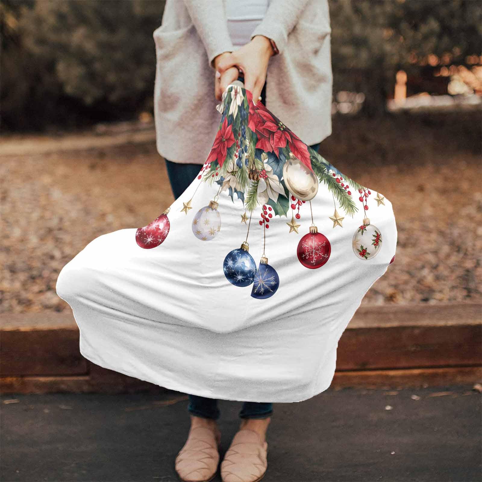 Nursing Cover for Breastfeeding Scarf, Merry Christmas Poinsettia Blue Berry Ball Baby Car Covers Super Soft Multi Use for Canopy Shopping Cart Cover Blanket Stroller Cover