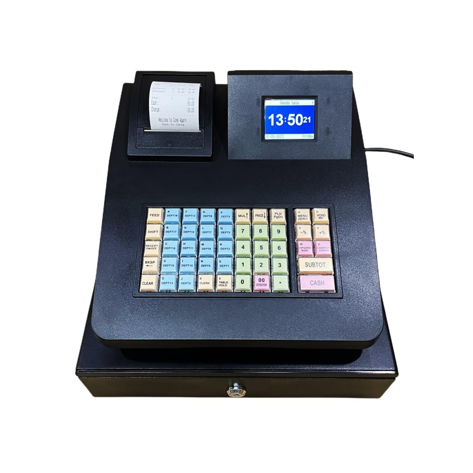 Caja registradora electrónica, Tienda de Fideos Comida rápida, joyería conveniencia, Detector Moneda con luz Violeta, Caja ECR en inglés Fácil de configurar