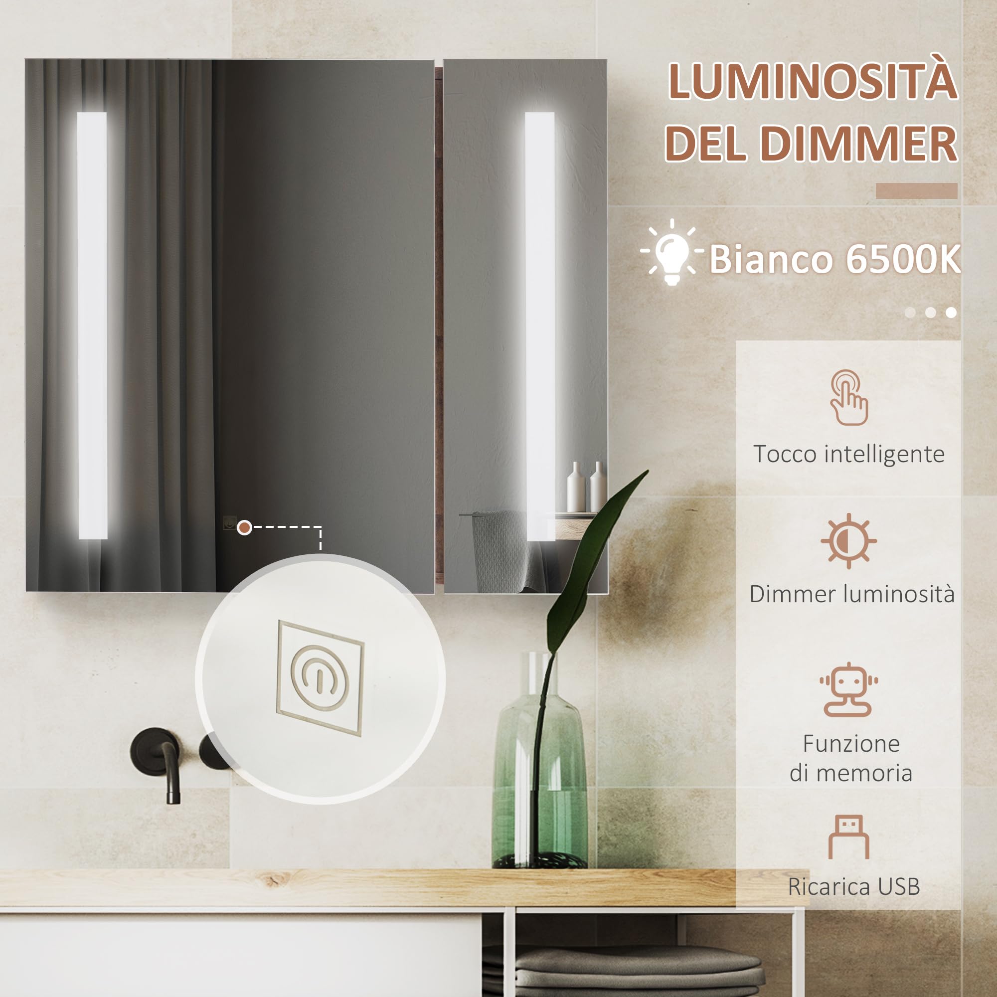 kleankin Specchio Bagno Contenitore con Luci LED Regolabili, Armadietto Bagno con 2 Ante a Specchio e Mensola Regolabile, 70x15x65cm, Marrone