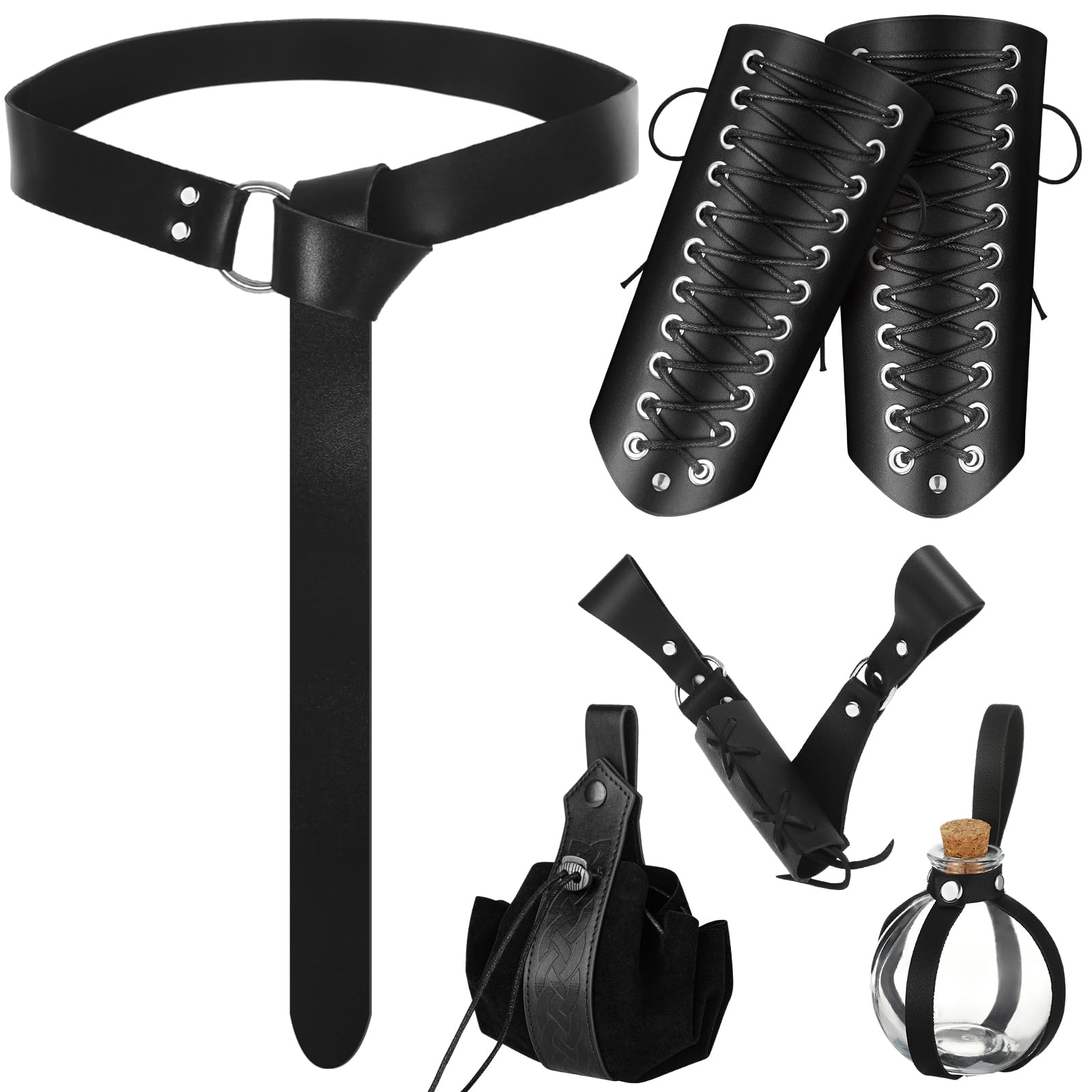 Sweetude5 Pcs Medieval Belt Renaissance Accessories Viking Leather Belt Pouch Arm Guard Dagger Cover Belt Cork Potion Bottle