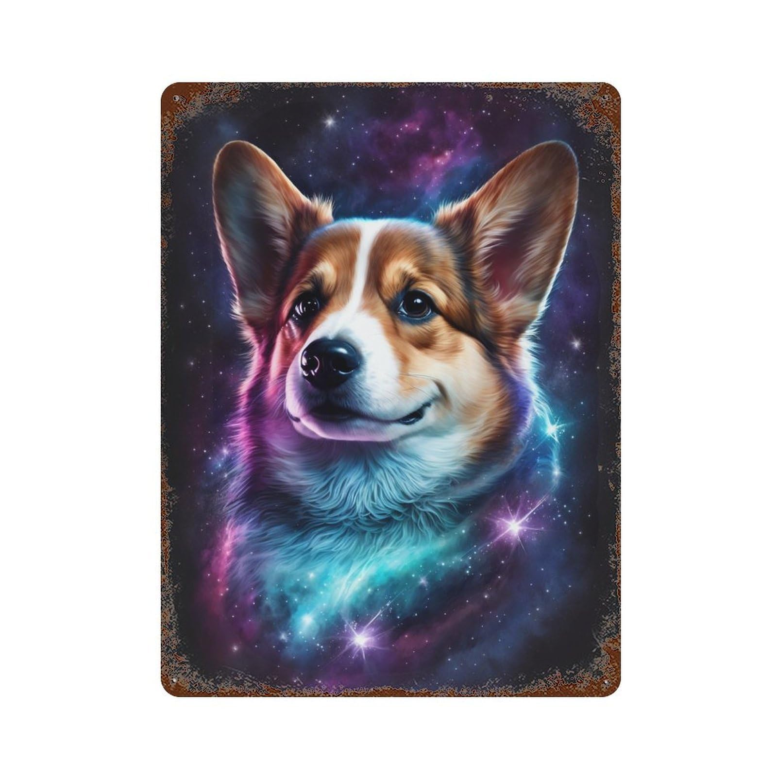 Cosmic Corgi Art Print Rust Effect Tin Sign 15.7"x11.8", Rustic Home Decor for Cafe, Home Bar And Lounge Decor