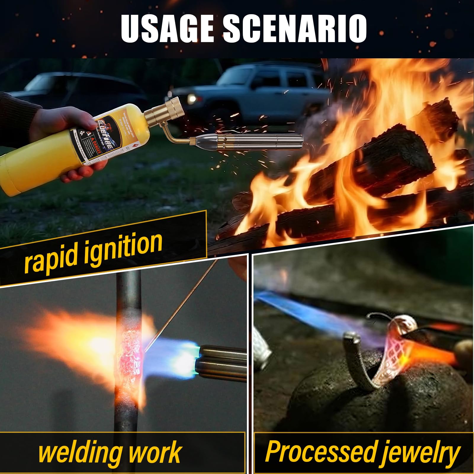 BLUEfire Torcia Turbo a getto a tripla fiamma, Trigger Start Cucina/Ricerca/Saldatura a gas, Carburante da MAPP/MAP Pro/Propano, Base stabilizzatrice libera!
