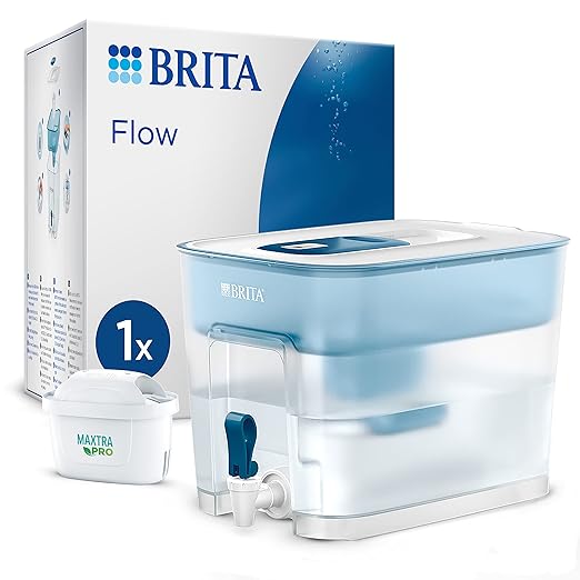 BRITA Depósito filtrante Flow XXL (8,2 l) incl. 1x cartucho MAXTRA PRO All-in-1: Dispensador adaptable al frigorífico para familias y oficinas, que reduce cloro, cal e impurezas.