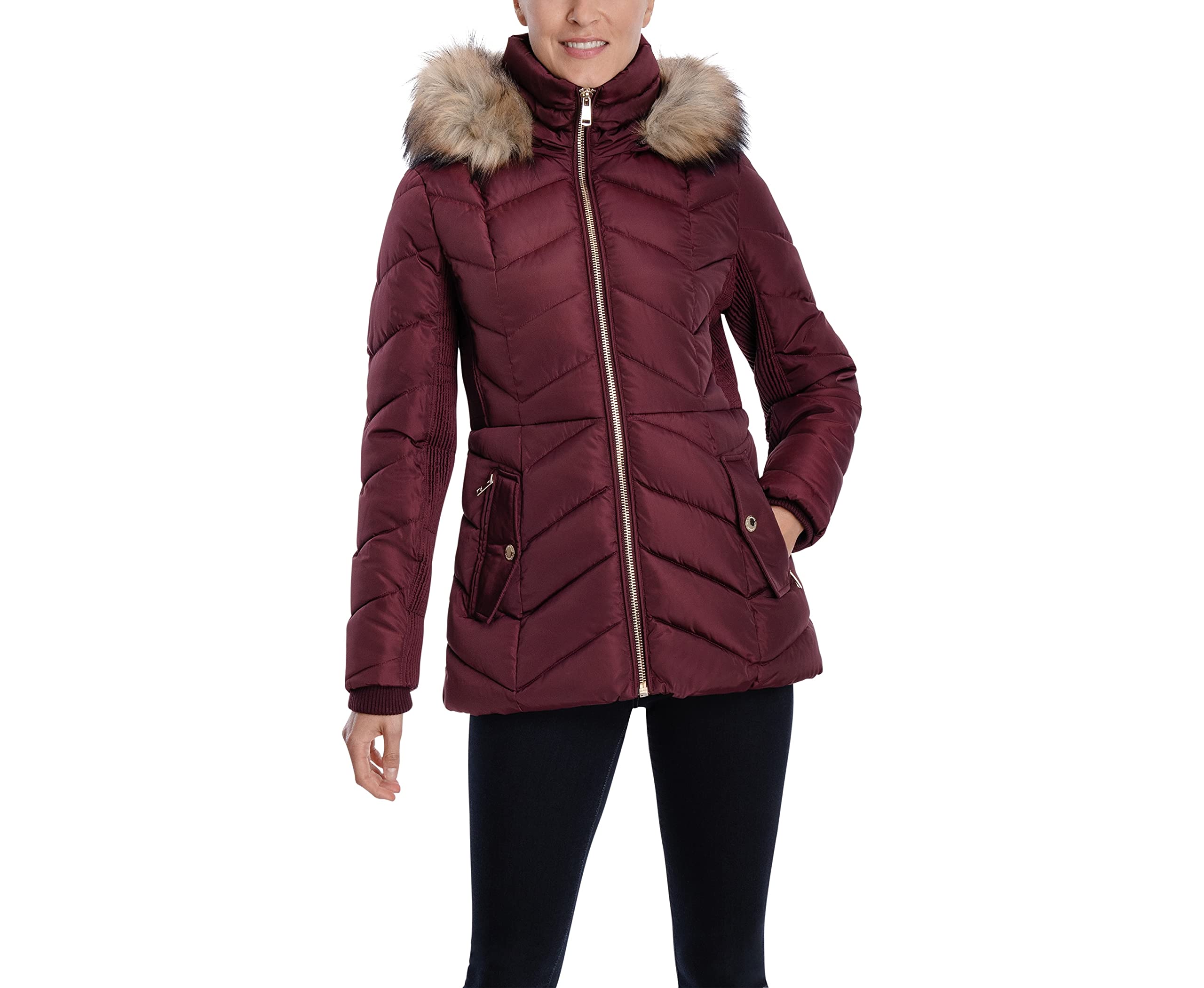 Buy Women 's Short Puffer Jacket with Detachable Faux Fur Hood Online