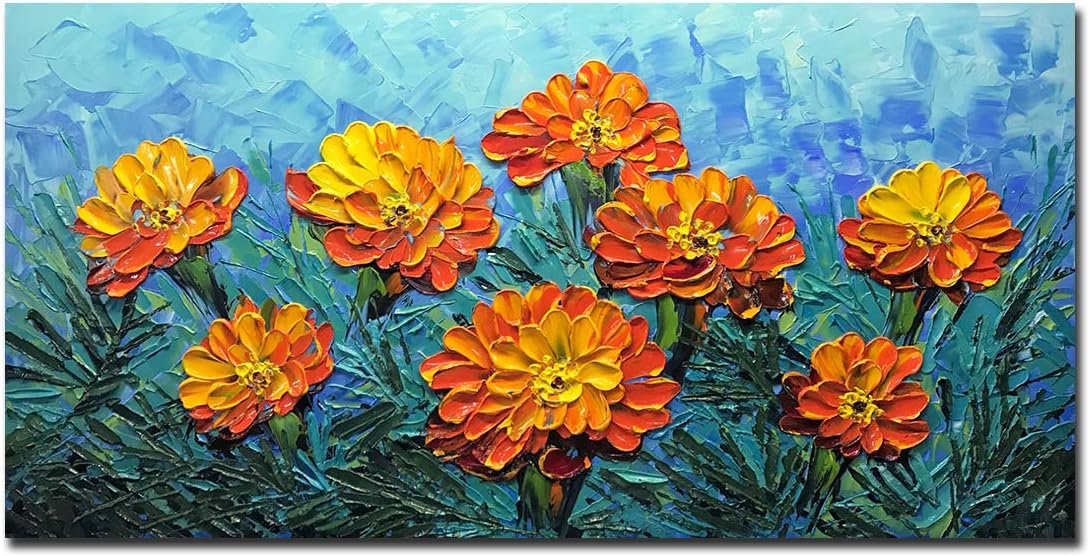 Yotree Paintings, 24x48 Inch Paintings Brilliant flowers Oil Hand Painting 3D Hand-Painted On Canvas Abstract Artwork Art Wood Inside Framed Hanging Wall Decoration Marigold Abstract Painting