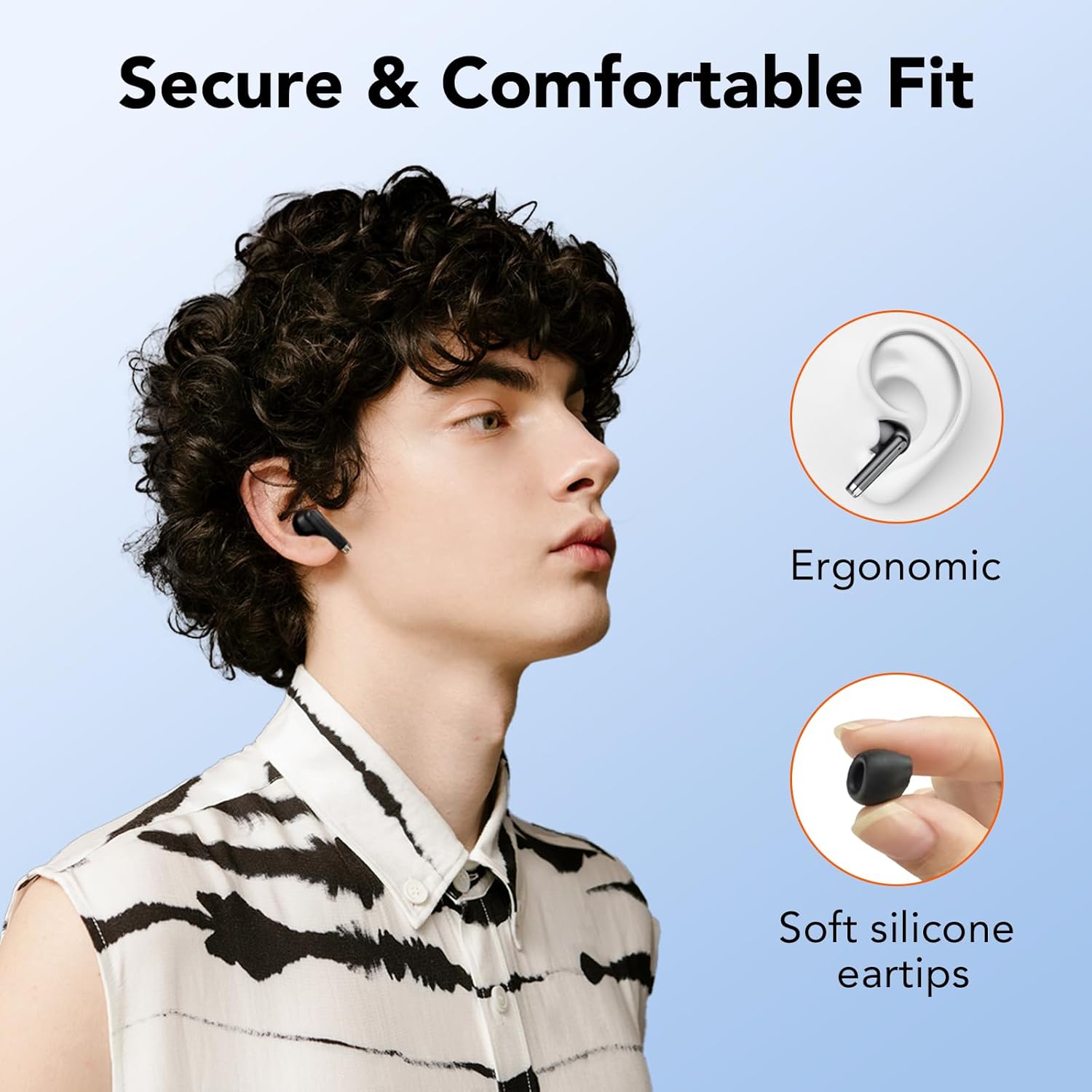 Person wearing coioc S25 earbuds with diagrams showing ergonomic design and soft silicone eartips