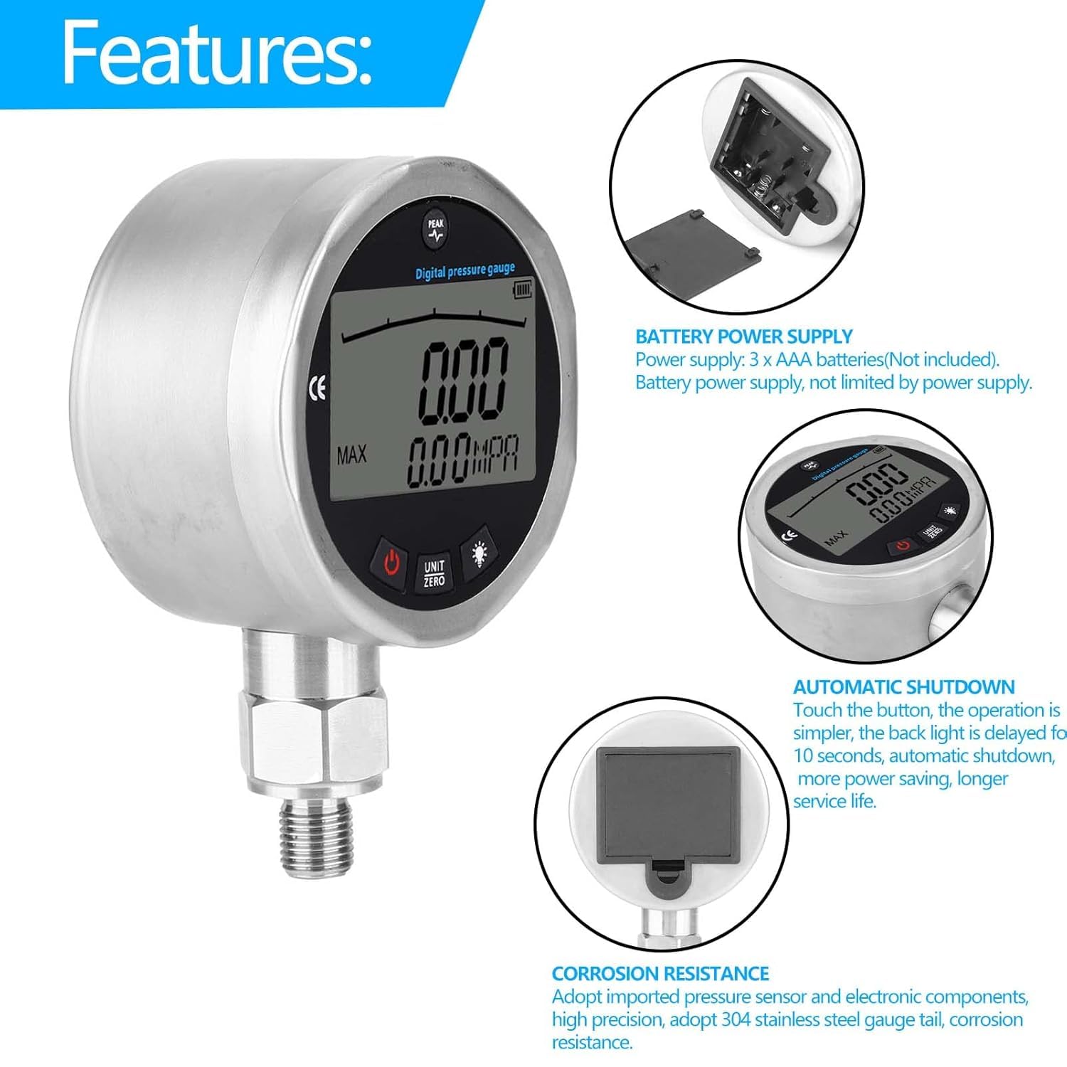 Digital Hydraulik Manometer, Edelstahl Hydraulisches Druckmessgerät, 0-400BAR, 0-40Mpa,0-10000PSI Wasserdruckmesser, Hydraulischer Messgerät mit Beleuchtetem LCD, für Wasser, Gas, Öl Tester