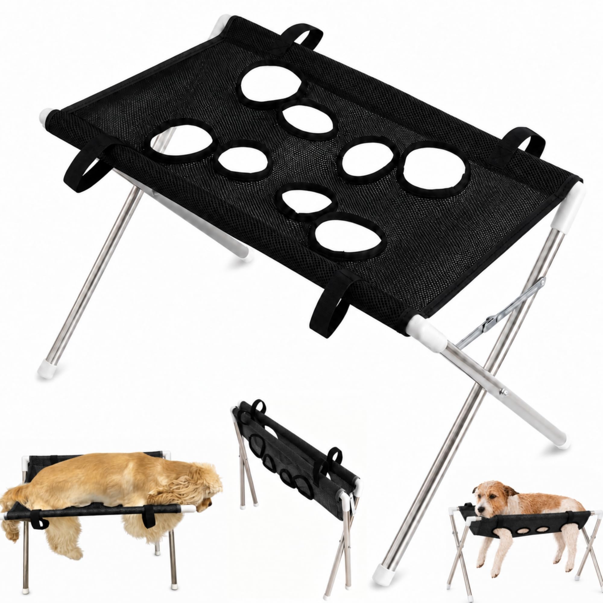 Dog Grooming Hammock with Stand, Foldable Pet Grooming Table with Washable Mesh, Freestanding Bathing and Nail Trimming Station for Small and Medium Dogs and Cats，Black：Standard Style