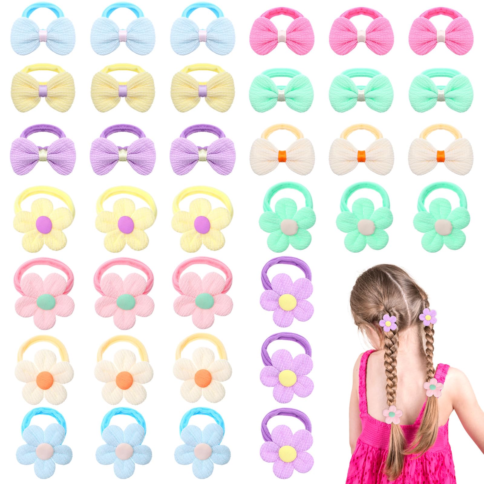 36 Pack Flower Hair Ties for Baby Girls Soft Seamless Bows Scrunchies Elastic Baby Hair Bobbles Candy Colors