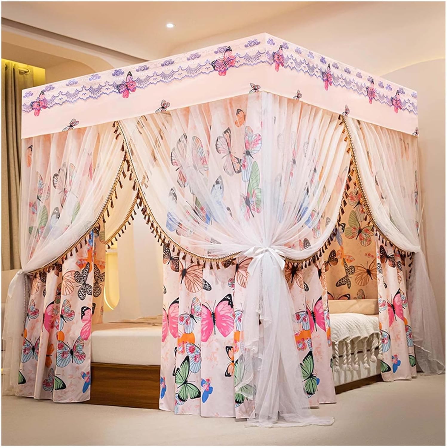 Canopy Bed Frame Post with Double Layer Curtain, Stainless Steel 4 Corners Bed Canopy, Princess Mosquito Net for Bedroom