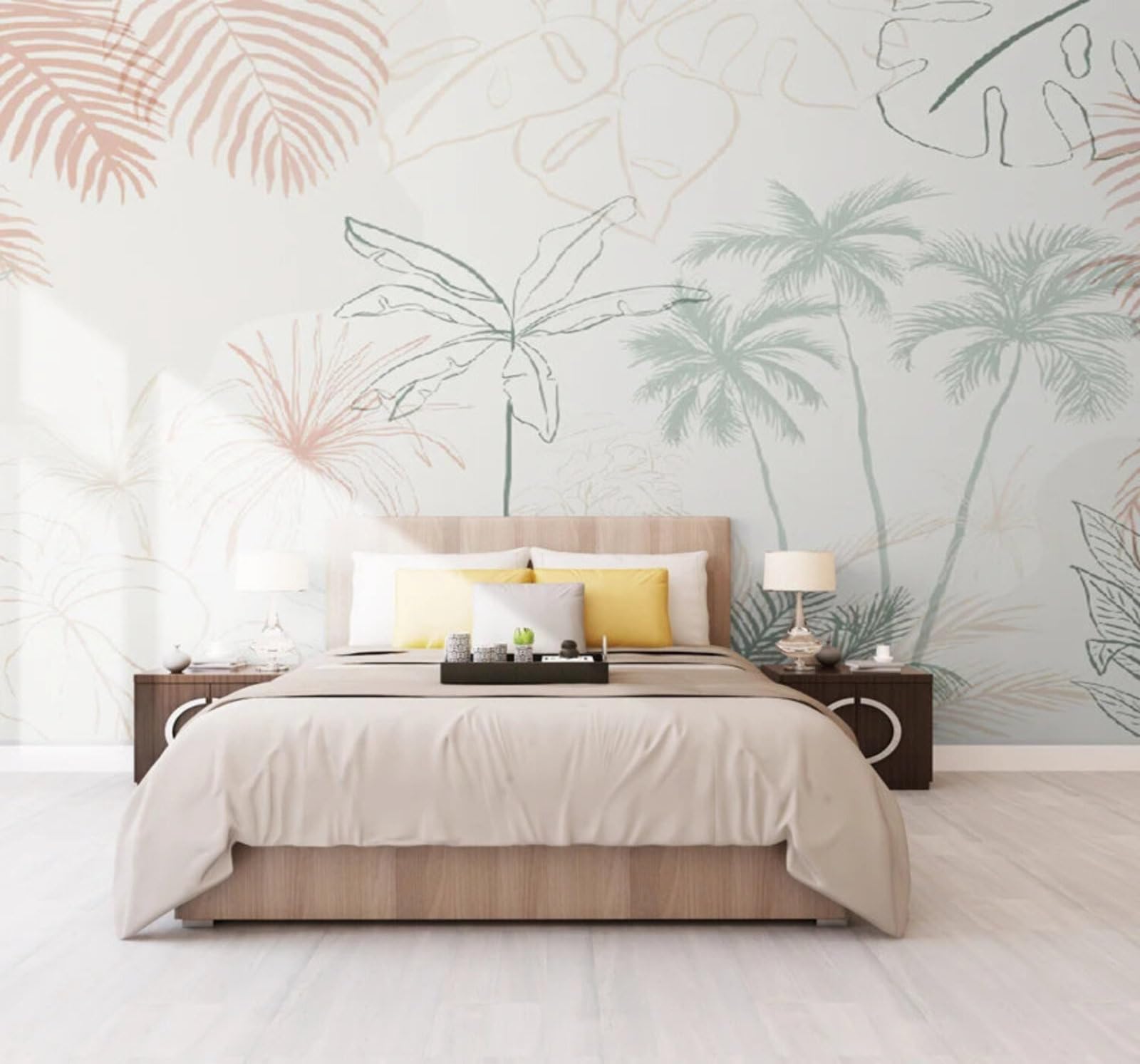 Hand Drawn Pink Green Ink Wash Tropical Plants 3D Wallpaper Easy Install Feature Office Living Room Sofa Bedroom TV Background Wall Decoration-300cm×210cm