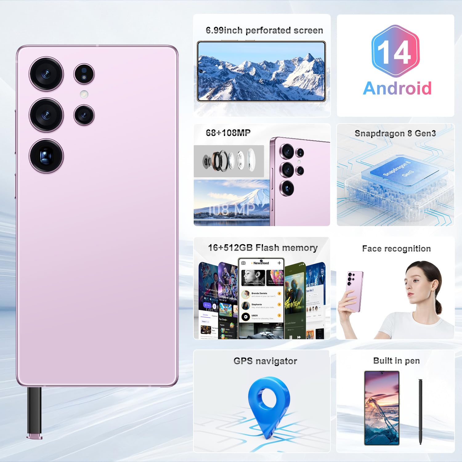 I25 Ultra Unlocked Smartphone,16+512GB Unlocked Phone,6.9" HD+ Display,Built in Pen,Snapdragon 8 Gen3 7000mAh Dual Speakers 5G/Face ID/Fingerprint Lock/Dual SIM/GPS (Pink)