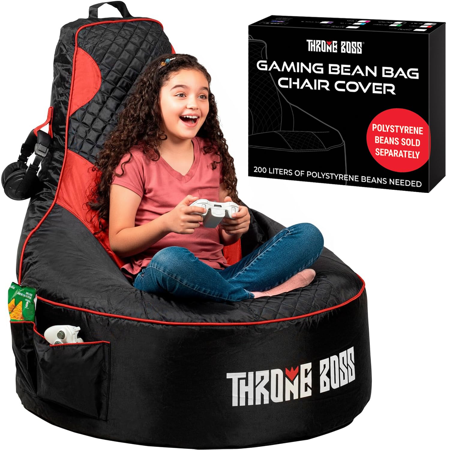 Throne Boss Gaming Bean Bag Chair Cover for Kids with High Back, Red – Floor Gaming Chair Cover, Easy to Clean Fabric, Large Side Pockets, Headphone