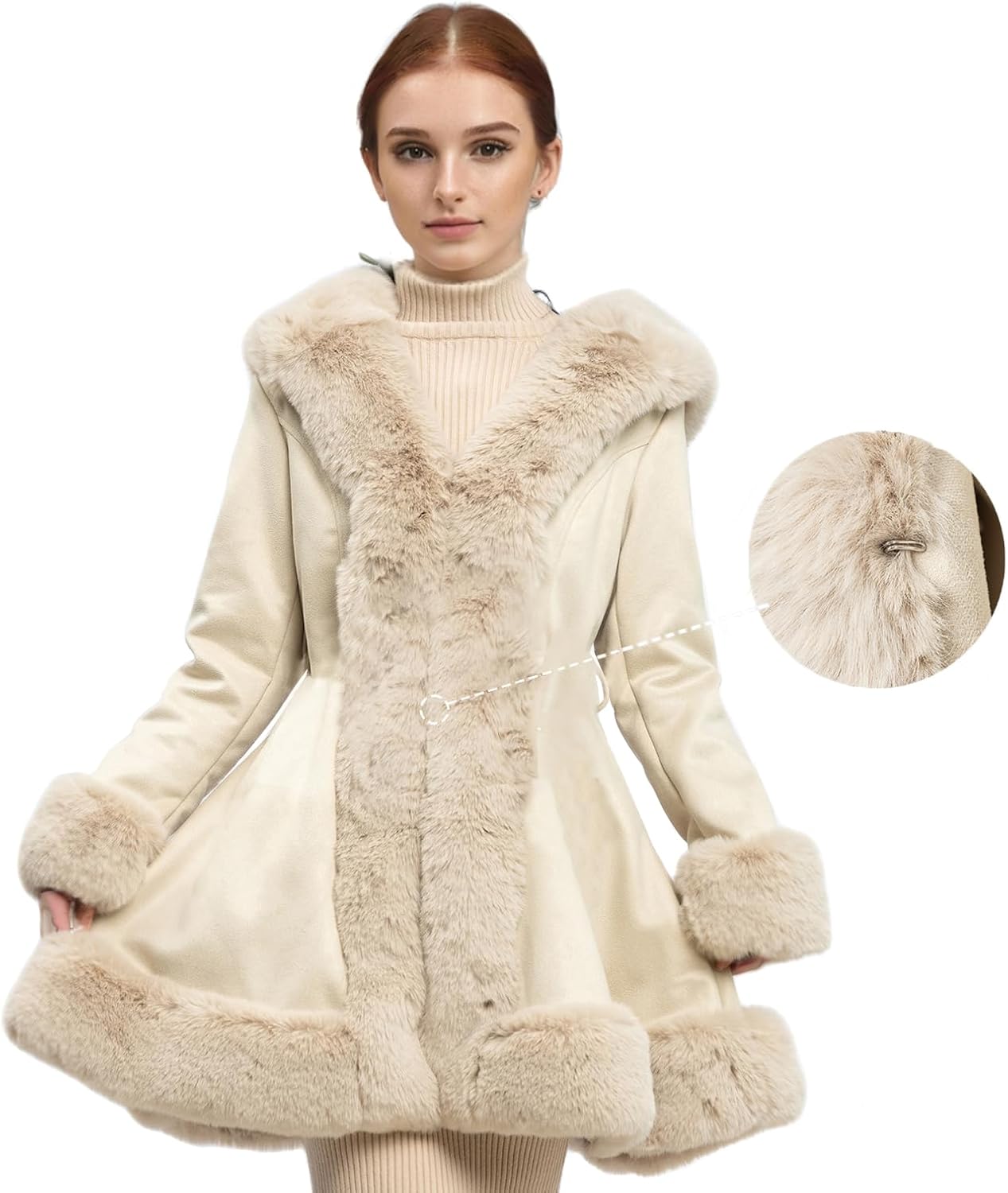 NXBC Winter Faux Fur Coats for Women,Faux Fur Leather Jacket Women,Winter Long Sleeve Furry Trim Peplum Parka Coat with Belt - Image 3