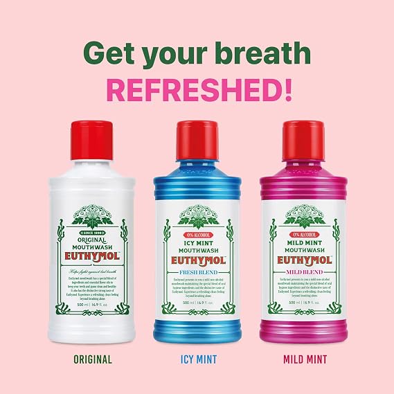 Euthymol Mouthwash Original 500ml, Flouride Free, Distinctive Strong Taste Flavour, Reduce Plaque Gingival Clean Healthy Teeth Gums, Freshens Breath Refreshing Daily Oral Dental Care