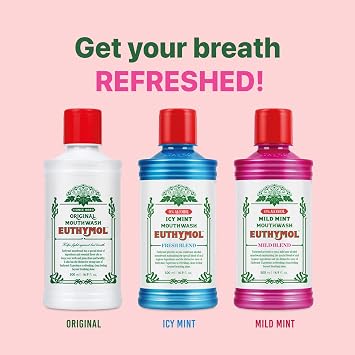 Euthymol Mouthwash Original 500ml, Flouride Free, Distinctive Strong Taste Flavour, Reduce Plaque Gingival Clean Healthy Teeth Gums, Freshens Breath Refreshing Daily Oral Dental Care