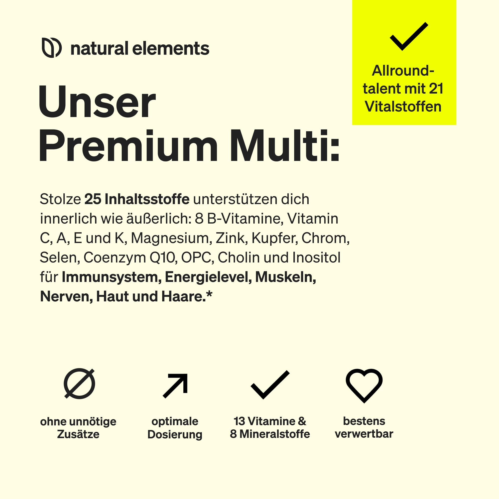 natural elements Premium Multivitamin – 180 hochdosierte Komplex-Kapseln – wertvolle Vitamine A-Z – Premium-Rohstoffe – mit Bioaktiv-Formen – ohne unnötige Zusätze – laborgeprüfte Qualität
