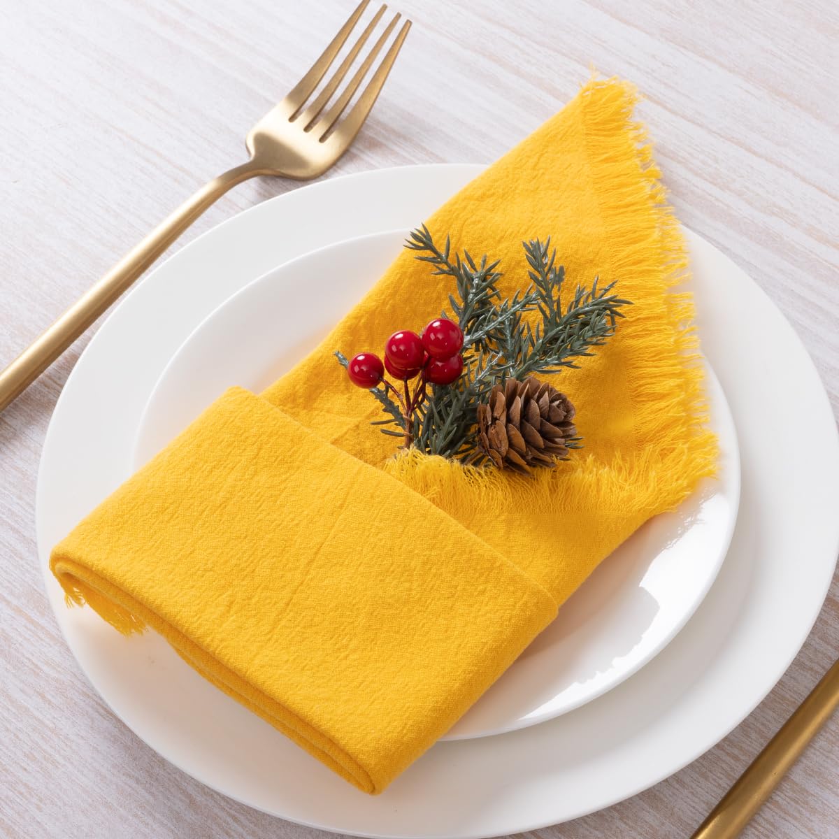 Lot de 12 Serviettes en Tissu Jaunes en Coton et Lin avec Franges Faites à la Main en Vrac pour Mariage, Thanksgiving, fête prénuptiale, Noël, Utilisation Quotidienne 45,7 x 45,7 c