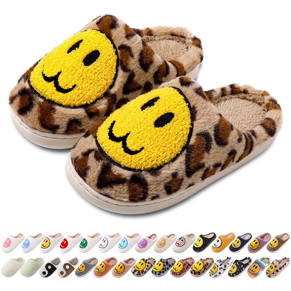 Women's Men's Preppy Happy Face Slippers Comfy Warm Plush Slip-On House Slipper for Winter Indoor Soft Cushion Non-slip Fluffy Slides Slippers