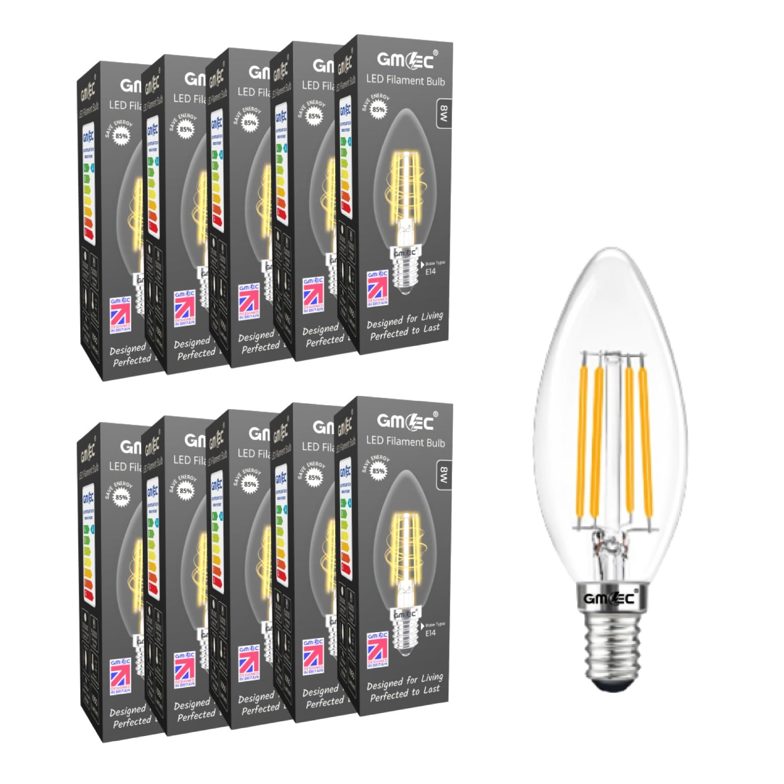 GMEC 10-Pack E14 LED Candle Light Bulbs 8W, 1050 Lumens, Warm White 3000K, Clear Glass Filament, Small Screw Light Bulb (SES), 80W Halogen Replacement, Non Dimmable โ image 1