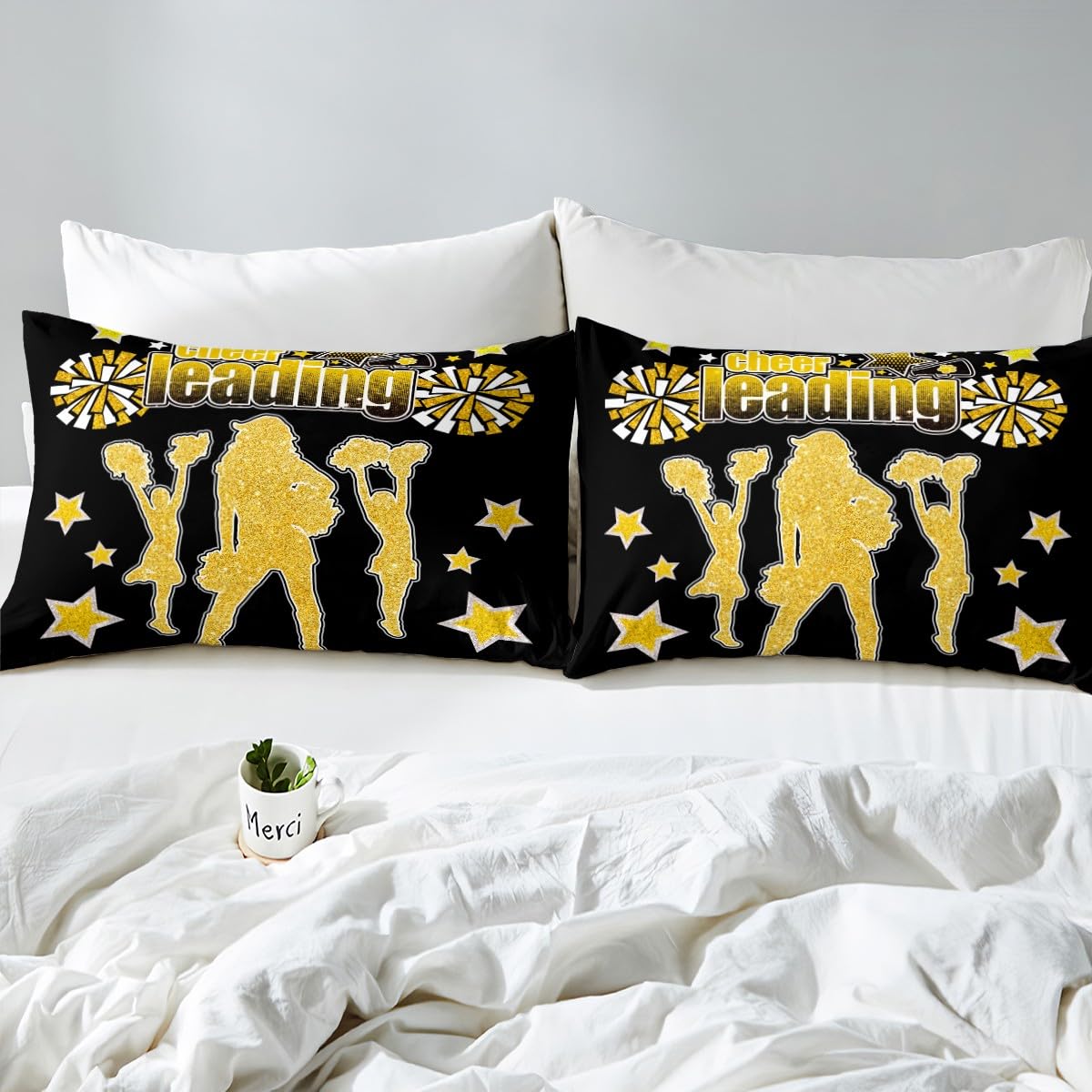 Manfei Cheerleader Team Gymnastik Bettbezug Set S Größe,Cheerleader Bettwäsche Set,Kinder Mädchen Frauen Zimmer Dekor,Gold Glitter Sterne Mode Tröster Abdeckung Schwarz Soft Quilt Cover,1 Kissenbezug