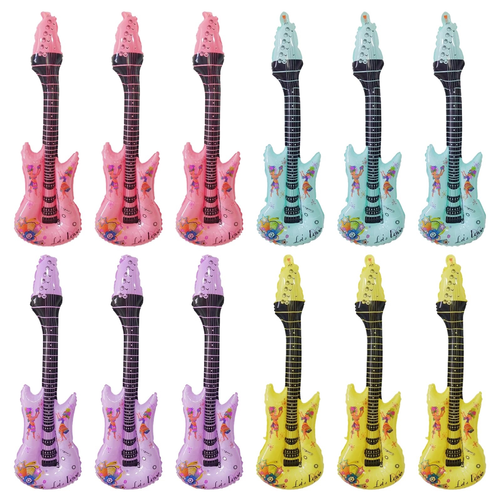 Embhlitfe 12 piezas de guitarra inflable, instrumento musical inflable, guitarra de rock Rockstar juguete, accesorios inflables para fiestas para niños y adultos, decoración de fiesta (105 x 36 cm)