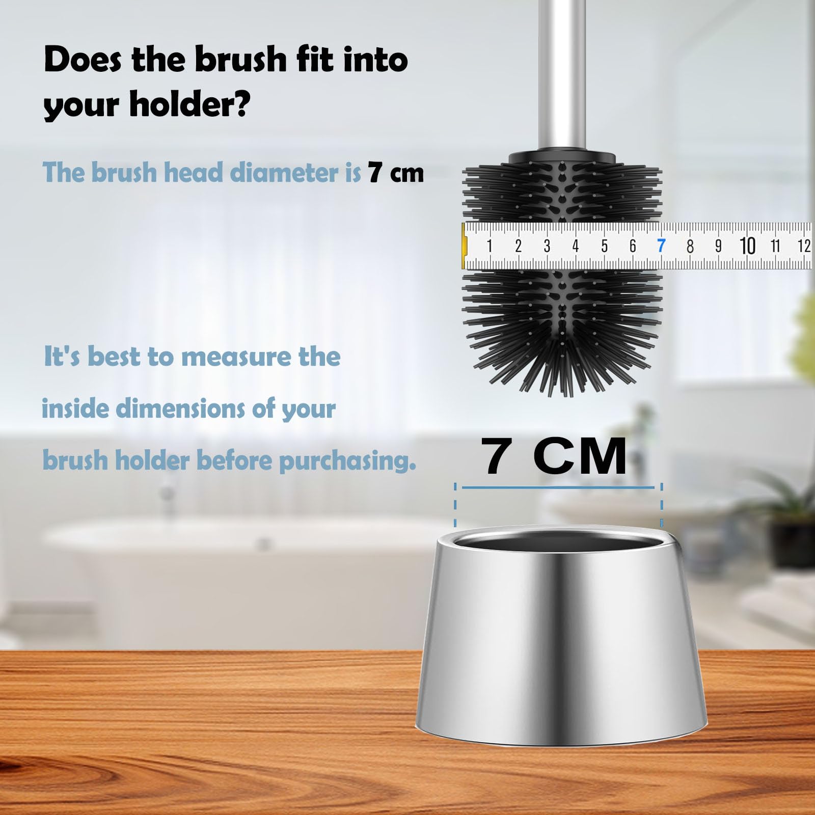 WAVEWO Silicone Toilet Brush with 2 Brush Heads, 7 cm Diameter Toilet Brush Made of 304 Stainless Steel for Bathroom Cleaning (Silver) - Image 3