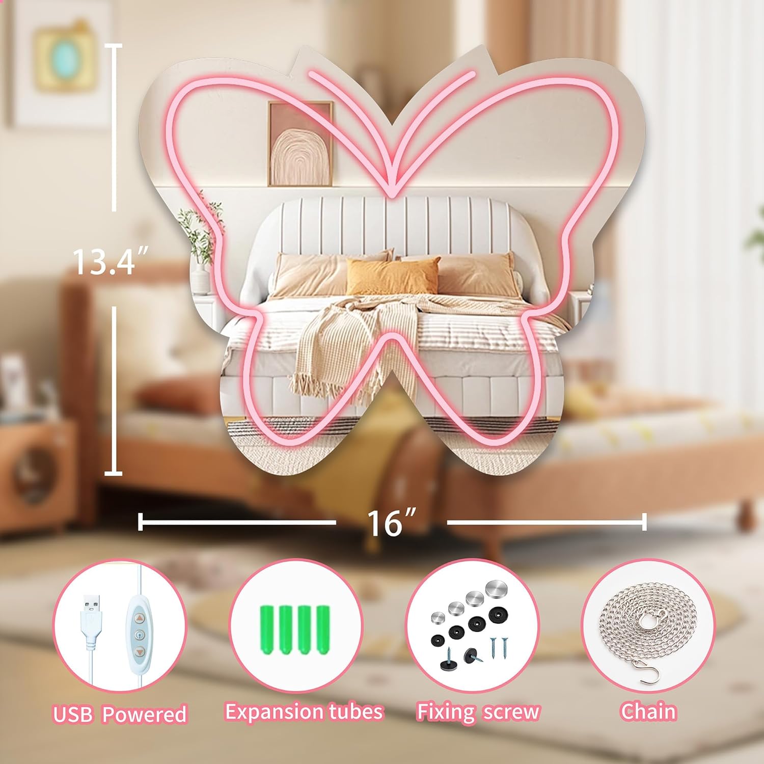 Anime Butterfly Mirror with Light Neon Signs for Locker Room Living Room Girl's Bedroom, Cute Acrylic Mirror with Dimmable for Girl Gifts, Wall Mirror