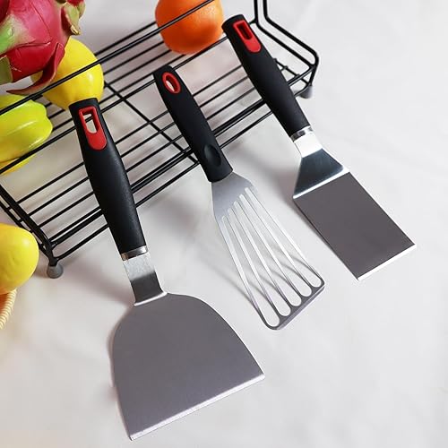 Miniatura 5 de Juego de espátulas de acero inoxidable, espátula de sartén de hierro fundido con mango de silicona, aleta giratoria para panqueques, hamburguesas,