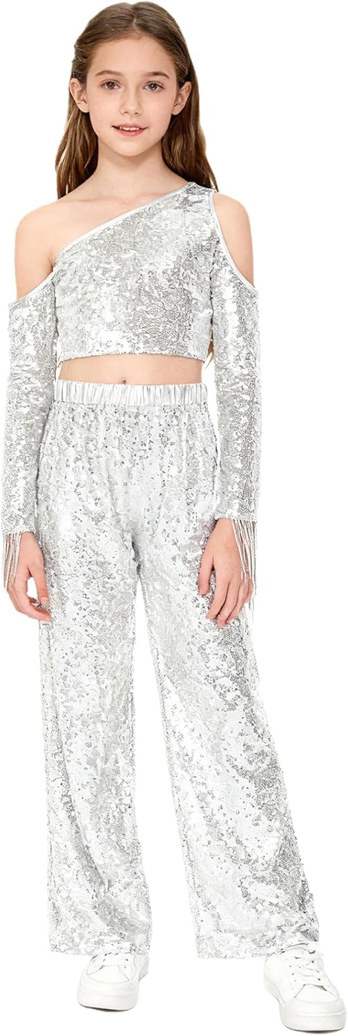 Kids Girls Sequin 2 Piece Dance Outfit Tassel Crop Top and Wide Leg Pants Hip Hop Jazz Street Dancewear