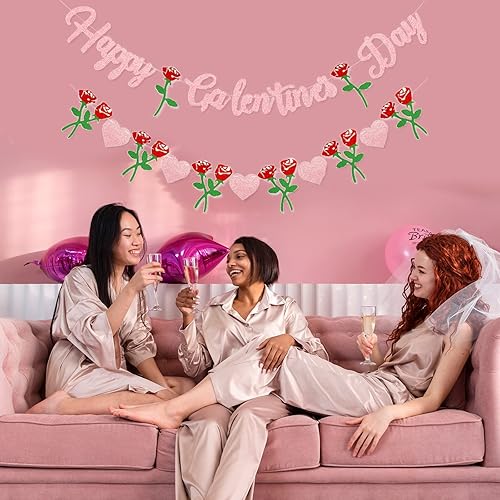 Miniatura 6 de Cartel de Feliz Día de Galentine – Decoración del Día de Galentine con purpurina rosa, pancarta de guirnalda de corazón rosa para damas, niñas,