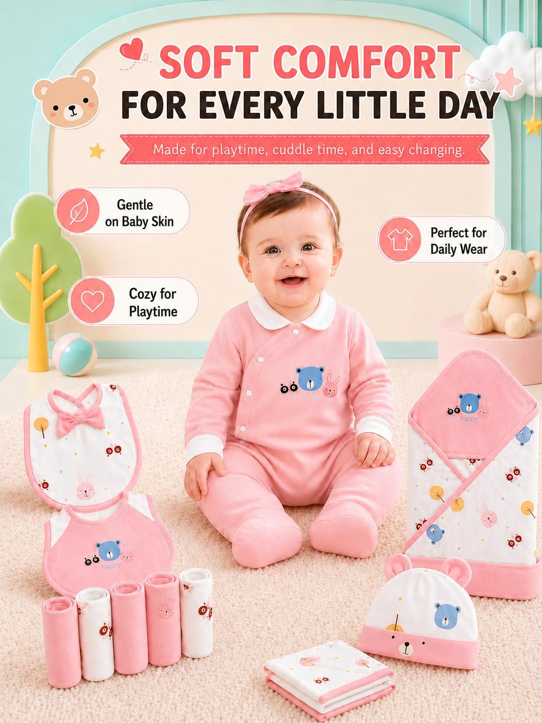 26-Piece Newborn Girl Clothes Set, 100% Cotton Baby Layette Essentials, Coming Home Outfit, 0-9 Months, Pink
