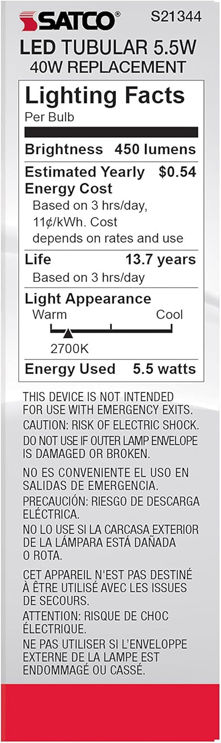 Satco 5.5-Watt LED Filament E26 Light Bulbs, 2700K, 15000 Hour Rating, Dimmable, 6 Pack