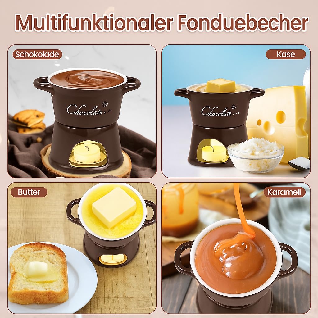 Schokoladenfondue Becher mit Edelstahl-Gabeln, Schokofondue Tasse 300ml, Chocolate Fondue Tasse, Teelichthalter, Keramik Schoko-Fondue Tassen (Weiß)