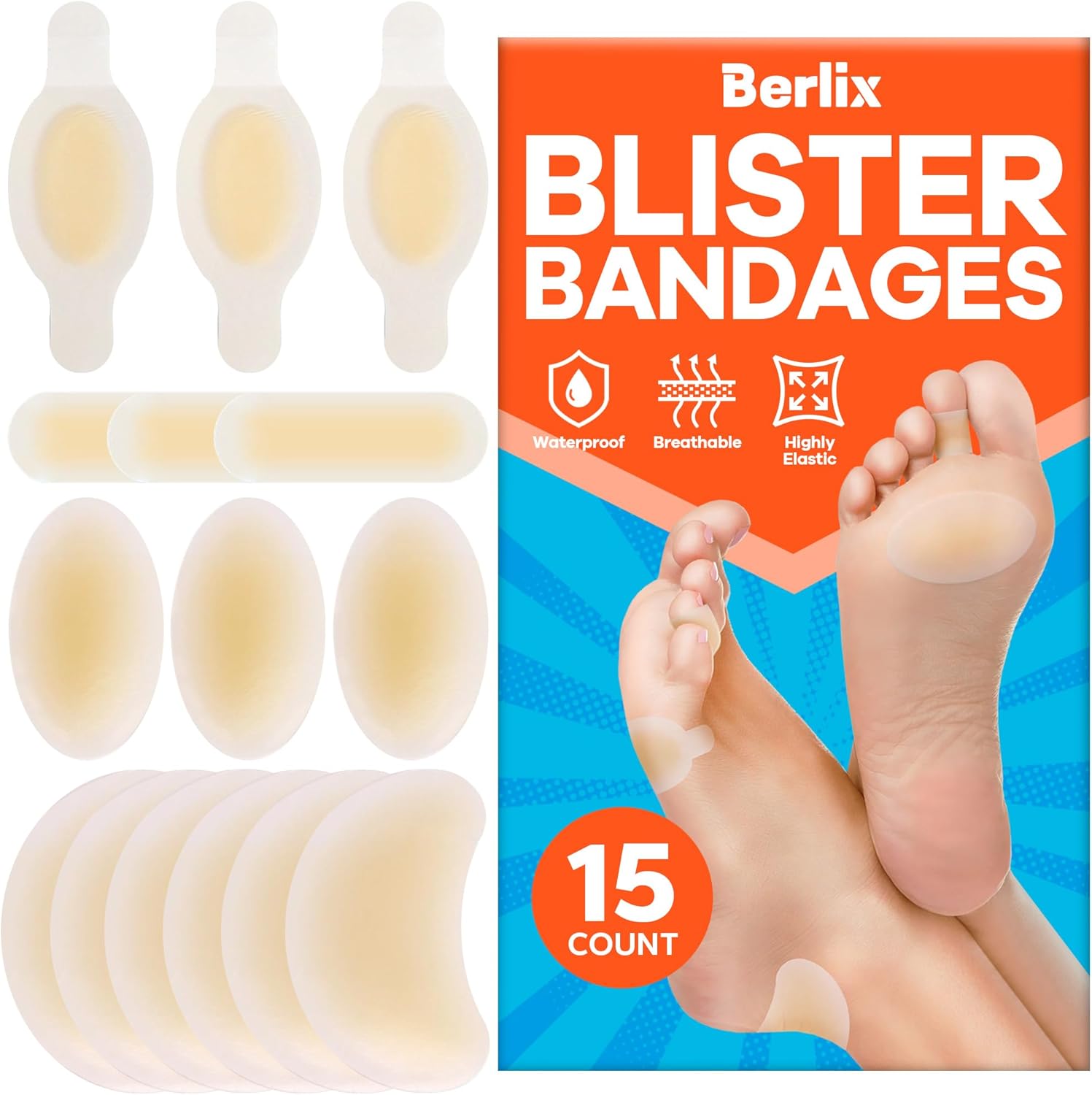 Berlix Blister Bandages for Feet (15 Count), UltraThin Adhesive Blister Pads
