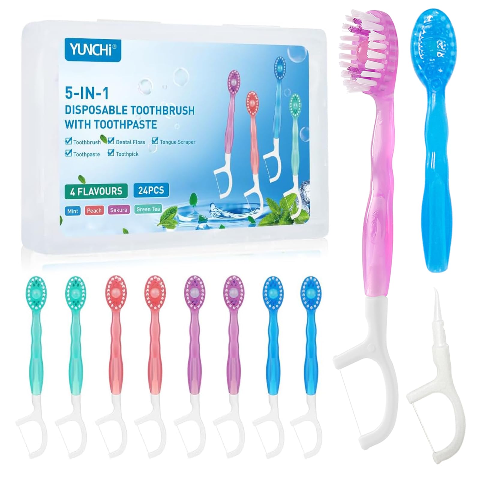 YUNCHI Mini Zahnbürste 5 in 1 Einmalzahnbürsten mit Zahnpasta + Pickel + Zungenschaber + Zahnseide, Reisezahnbürste Einzeln Verpackt für Camping Geschäftsreisen Kinder Erwachsene