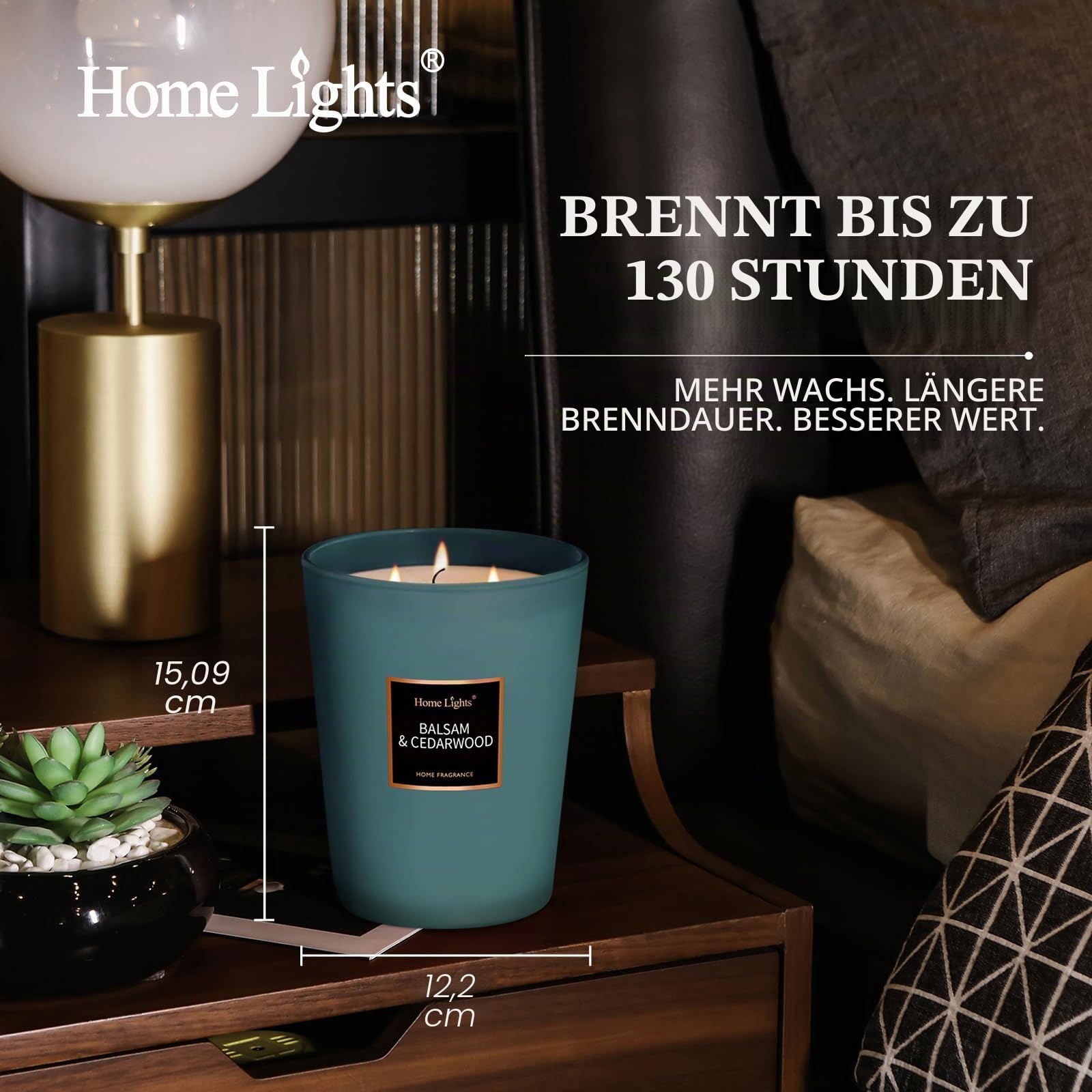 HomeLights Soja-Kerzen mit hohem Duft, groß, 944 ml, für Zuhause, 3 Baumwolldochte, rauchfrei, langlebig, 130 Stunden in Balsam und Zeder, 5 x 6, tolles Geschenk für Damen und Herren