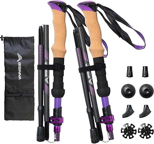 BISINNA Bastones de senderismo de fibra de carbono plegables, bastones ligeros con mango de corcho, cierre rápido para mujeres y hombres, 2 unidades