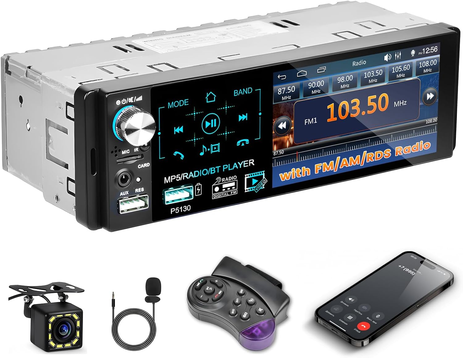 Front view of the Inefala 1 DIN Car Stereo with its accessories.
