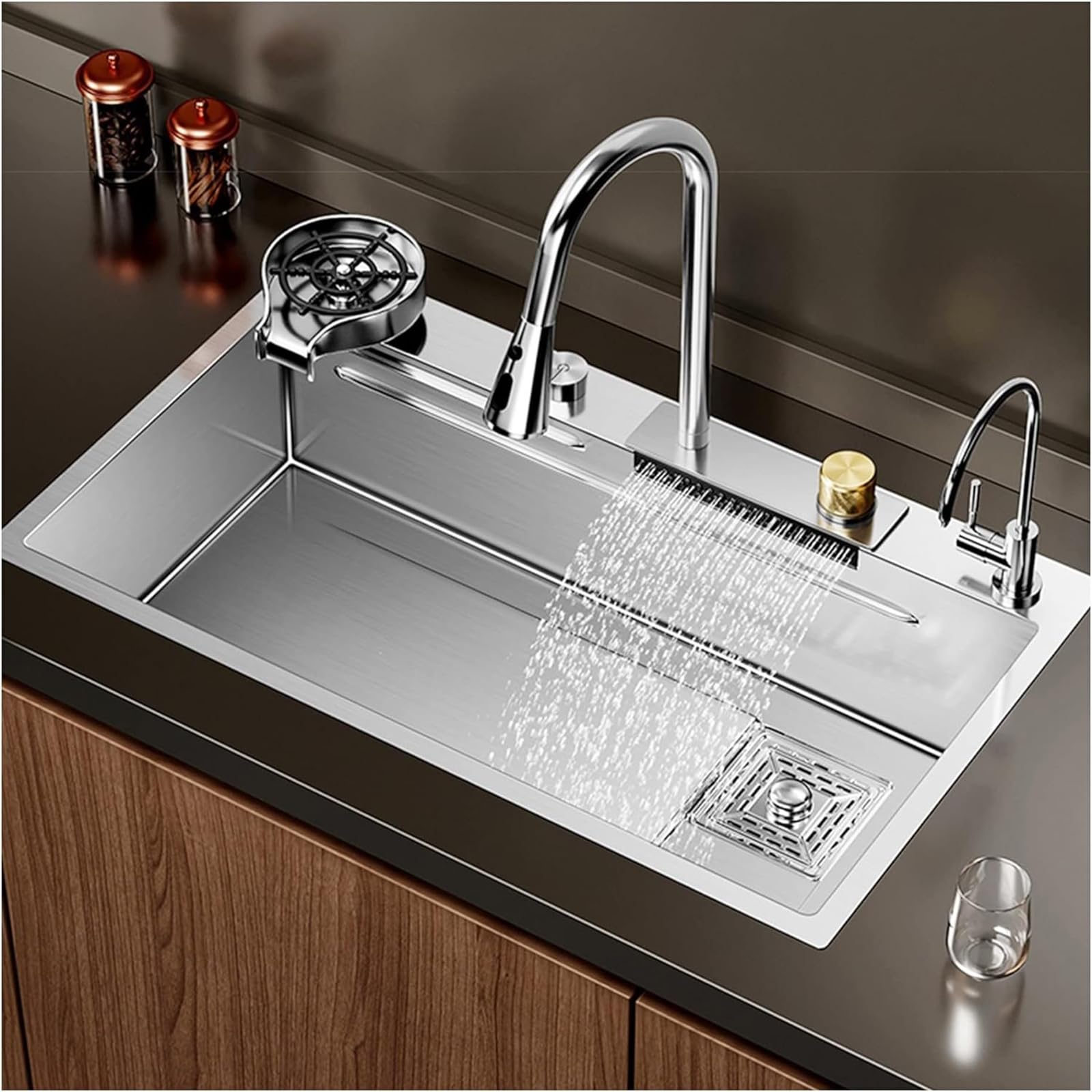 YADZISW Commercial Stainless Steel Kitchen Sink with Waterfall Faucet - Multifunctional Vegetable Basin for Home Restaurant and School (Size: 68x45x22cm Color: Silver)