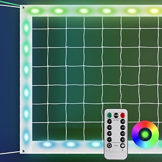 LED Volleyball Net Outdoor, 32x3FT Light Up Net for Backyard Beach | 32x3FT LED volleyball net with remote modes, steel cable and carry bag for backyard, beach, poolside and night games.