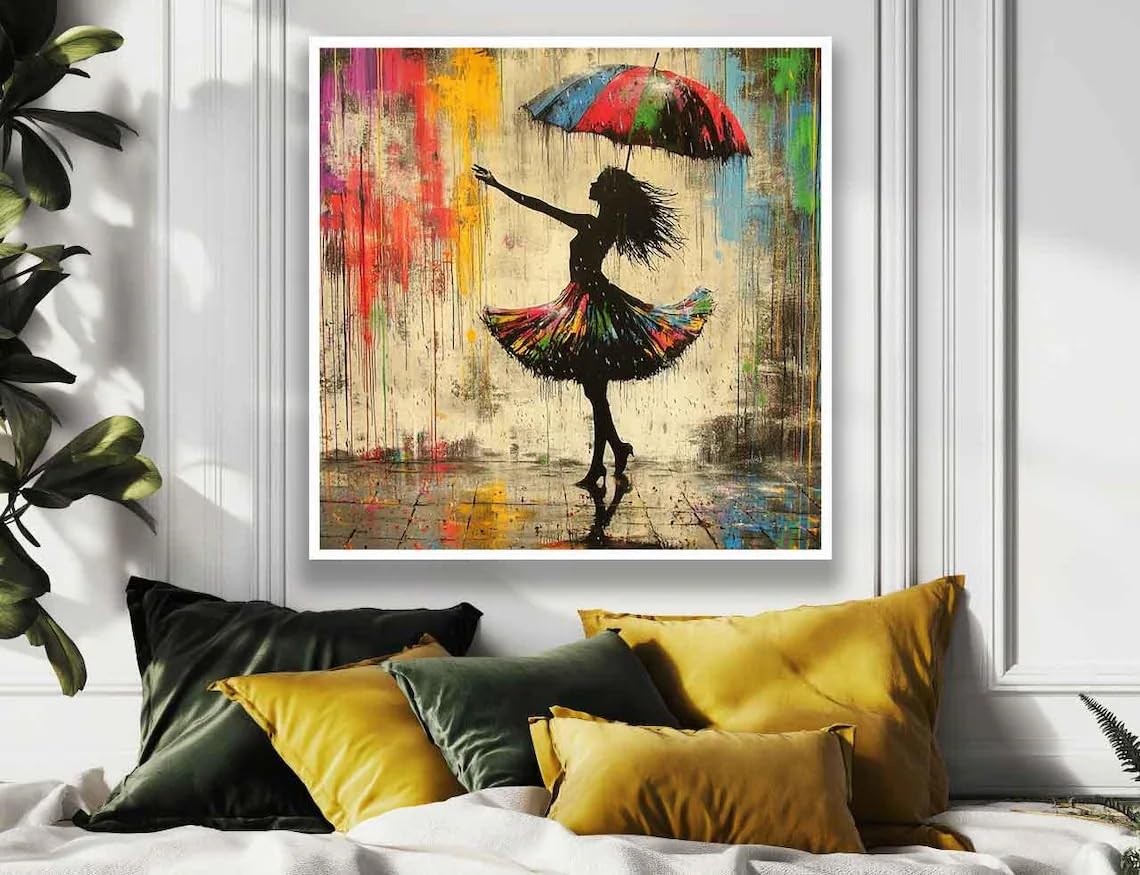 Banksy „Frau tanzt im Regen“ Poster auf Leinwand: Graffiti-Kunst Wanddeko Großformatige Graffiti-Kunst Zitate Wandbild Kunstdrucke (50x50cm/Innenrahmen)