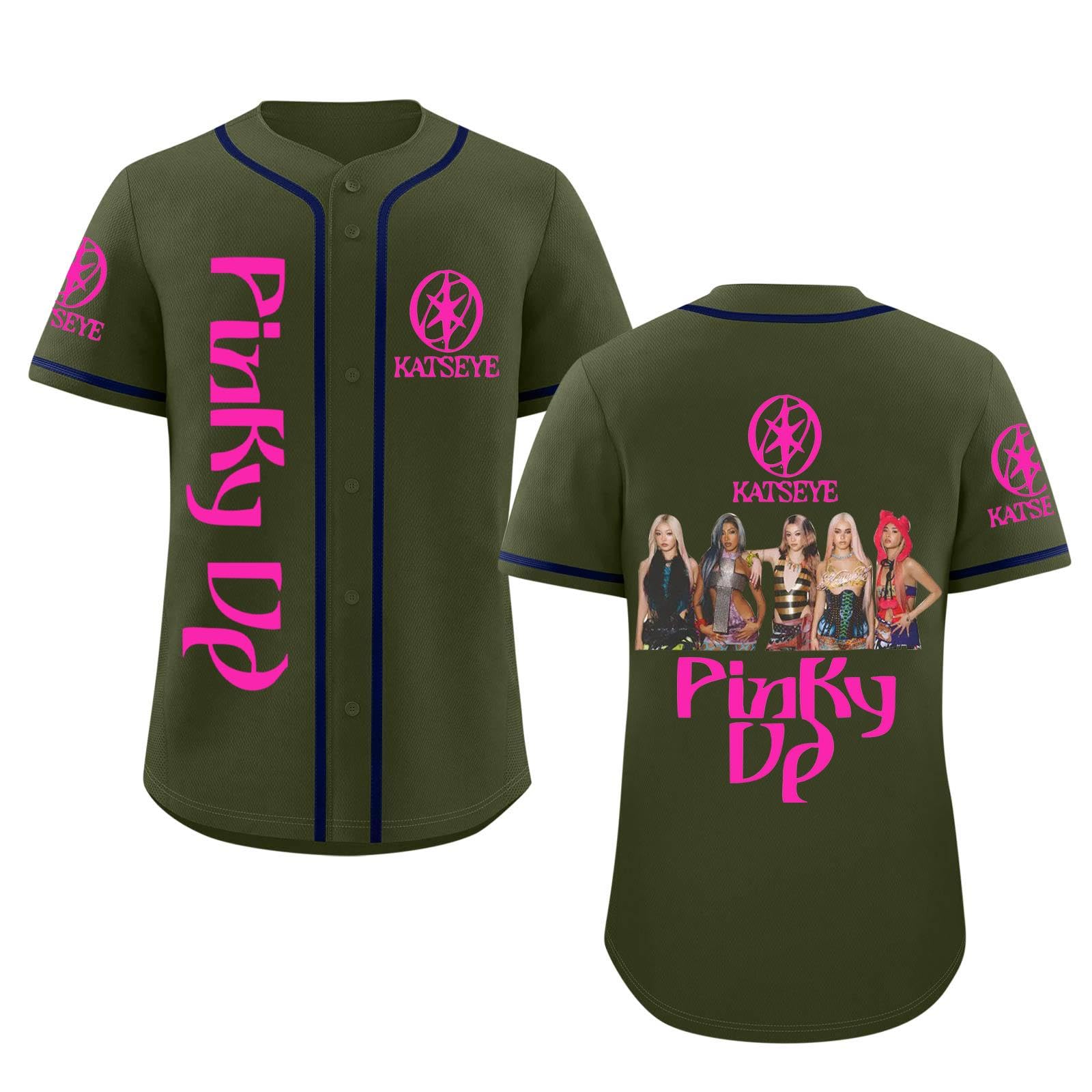 Katseye Tshirt Beautiful Chaos Album Pinky up Baseball Jersey Short Sleeve Button Down Casual Hip Hop Katseye Merch Baseball Jersey for Fans Men Women 02-Army Green S