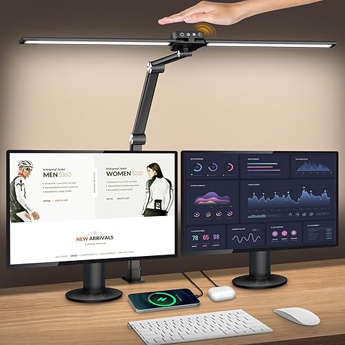Syrinx Lámpara LED de escritorio para oficina en casa, lámpara de escritorio ultra brillante de doble cabezal de 24 W con abrazadera, interruptor de