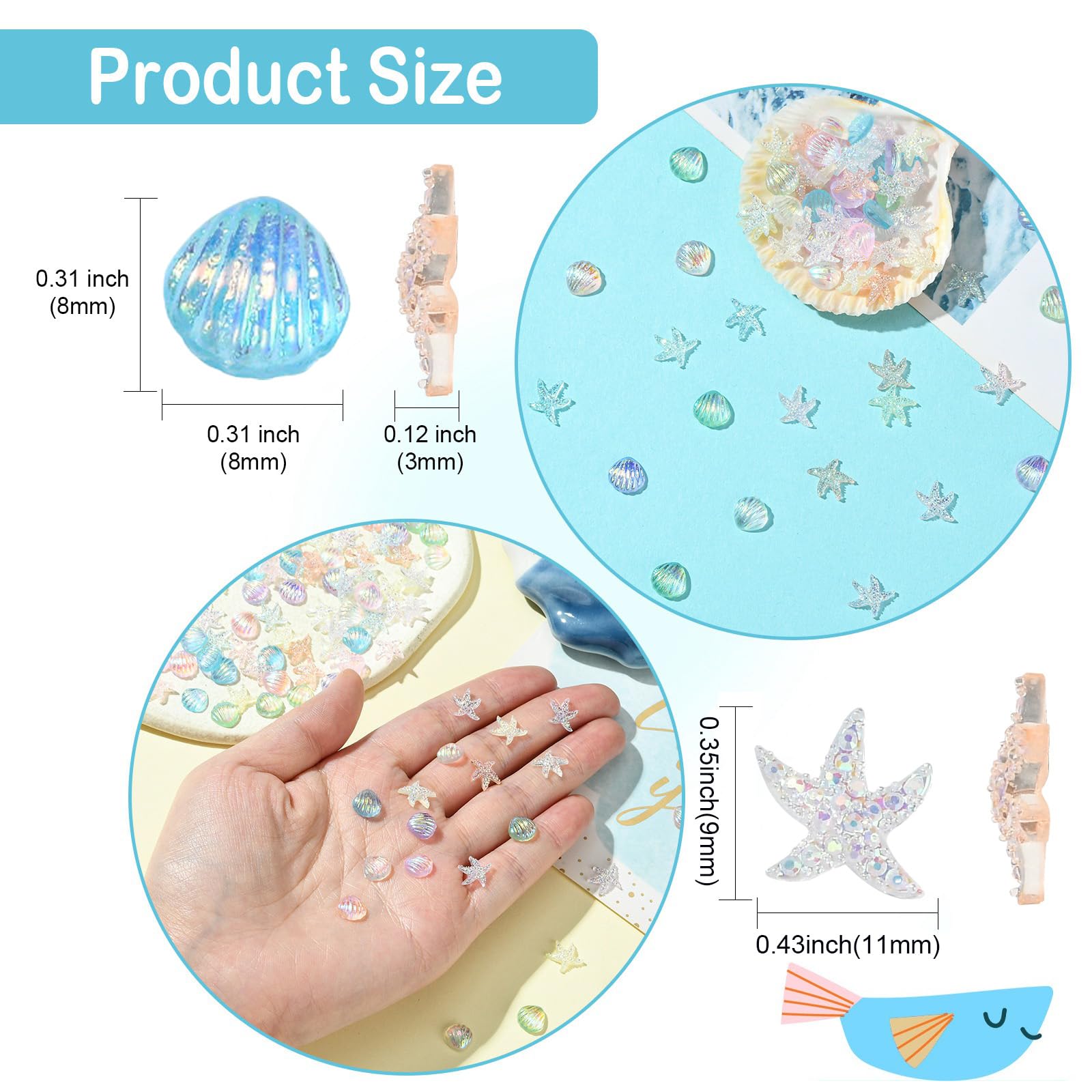 UR URLIFEHALL 180 Pcs 12 Styles Iridescent Resin Cabochons Flatback Starfish Shell Embellishments for Nail Art Crafting Fishbowl Vase Decor - Image 2