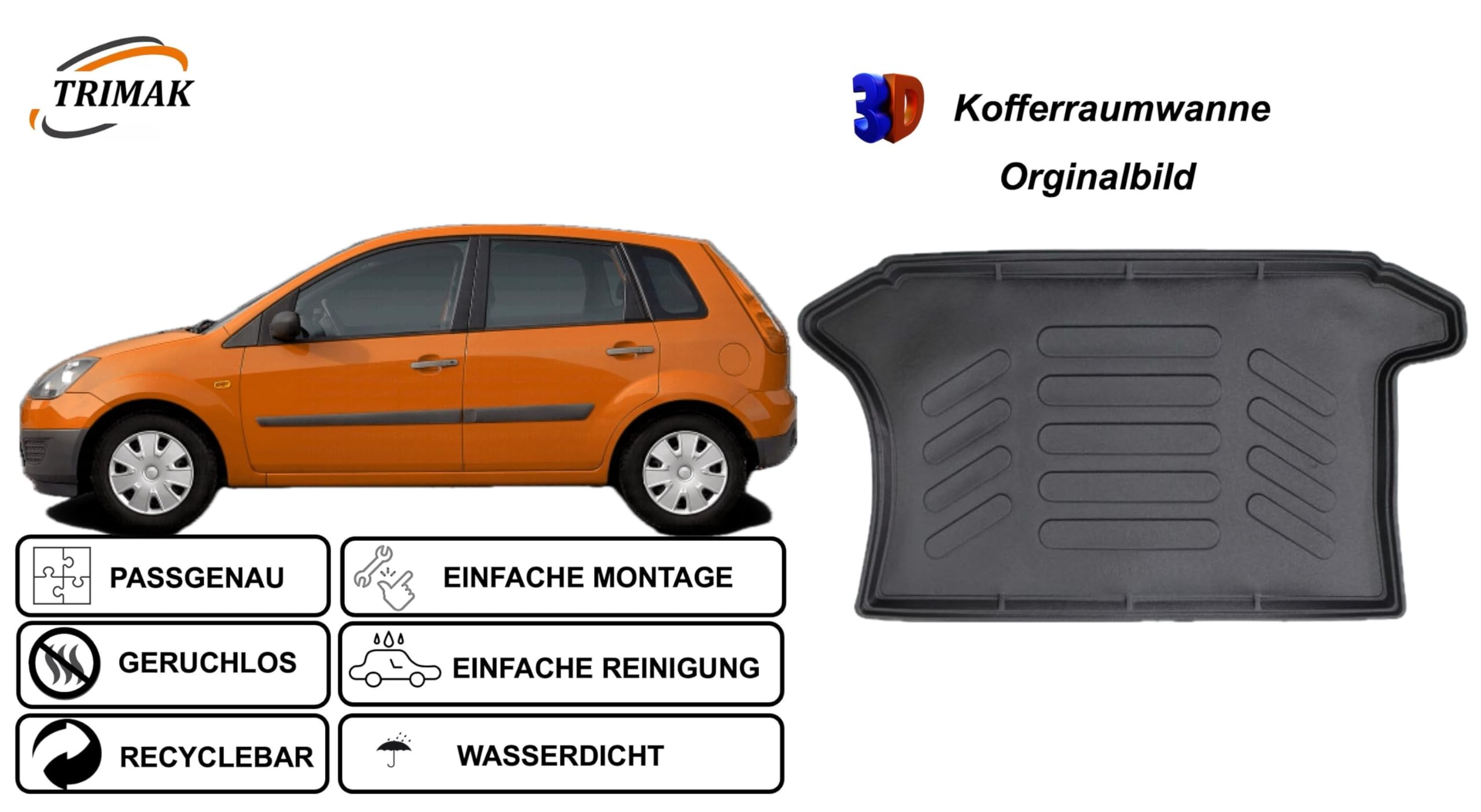 Trimak Perfecte 3D kofferbakmat, compatibel met Ford Fiesta 02 2002-2008, beschermingsmat, auto-accessoires, antislipmat, randbescherming, TPE-rubber, duurzaam, zwart